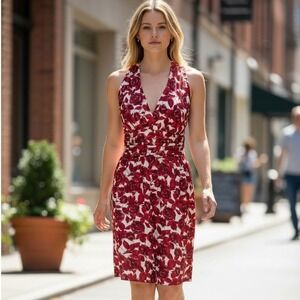 Forever 21 Vintage 90s 100% Silk Midi Dress Women's Size M Halter Red Rose Print